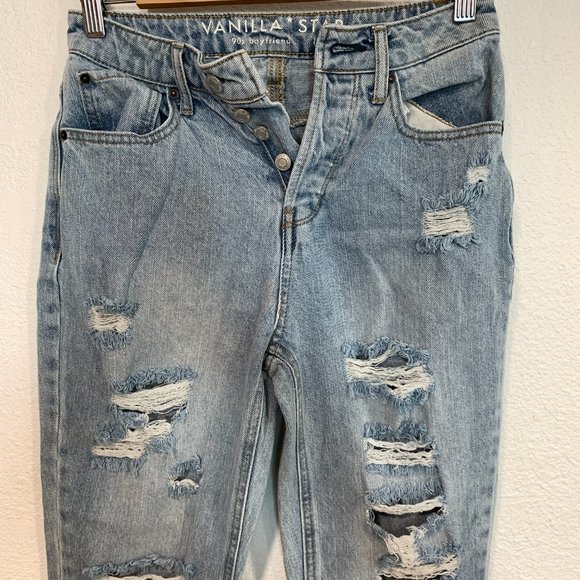 Vanilla Star 90s Boyfriend Jeans Raw Hem Distressed Button Fly W25"xL25" Size 1 - Picture 7 of 11